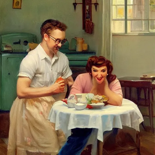 Image similar to 1 9 5 0 s americana, domestic scene with sam hyde and lena dunham, family, romantic, inviting, cozy, painting vladimir volegov