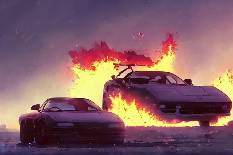 Prompt: 2 0 0 1 space odyssy diesepunk honda nsx mad max speeding through a burning fuel depot chase under fire view from helicopter by greg rutkowski makoto shinkai takashi takeuchi studio ghibli, akihiko yoshida