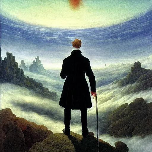 Prompt: wanderer above the sea of fog, but over the pits of hell syle of caspar david friedrich