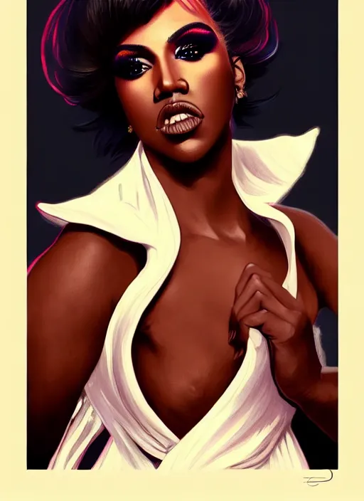 Image similar to kanye west in drag doing a cabaret show! intricate, elegant, highly detailed, digital painting, artstation, concept art, smooth, sharp focus, illustration, art by artgerm and greg rutkowski and alphonse mucha