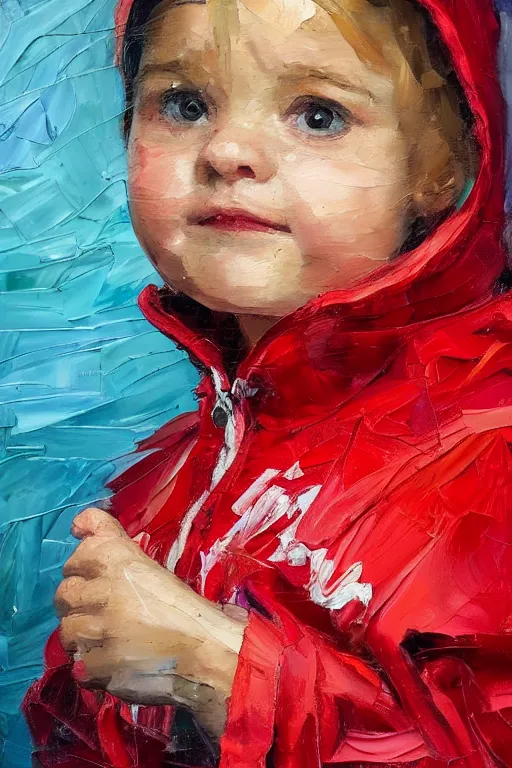 Image similar to palette knife oil painting portrait of nellie, a small figured young woman, dressed like a country bumpkin : jeans, boots, a pointy bright red hoodie. extreme detail, artstation trending, artgerm, any racial background, deviant art, octane, substance, art history 8 k