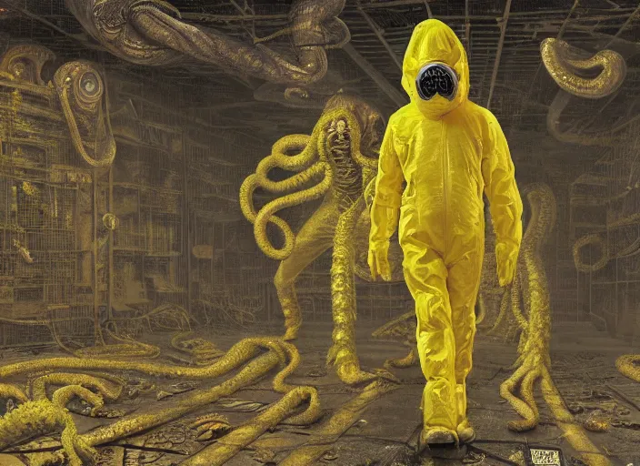 Image similar to a man in a yellow hazmat suit with a highly detailed Cthulhu Eldritch demon with many eyes and tentacles in an underground brutalist storeroom, highly detailed, intricate, cinematic, wide angle, grime, symmetrical and centered, front facing camera, epic lighting, Unreal engine render in 8k by Zdzslaw Beksinski and Wayne Barlowe