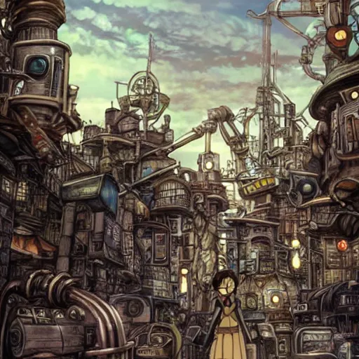 Prompt: a steampunk city on metal legs walking over a wasteland, studio ghibli, anime