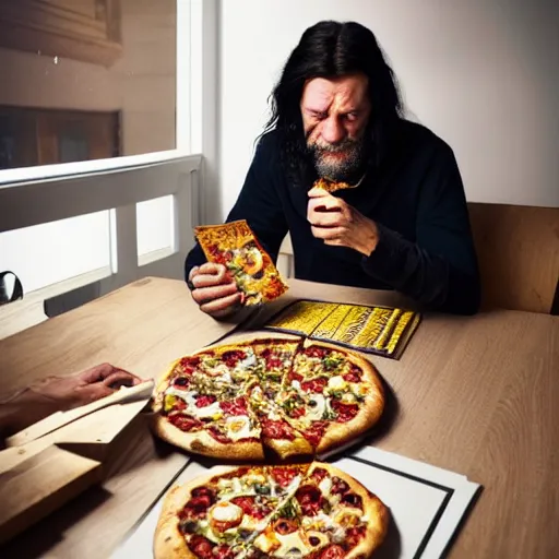 Image similar to a grumpy danish man with long black hair eating pizza while DMing an AD&D game, D&D, rogue, dark hair, skinny, middle aged, D&D dice on table, papers on table, character sheets on table, natural lighting, black hair, dark hair