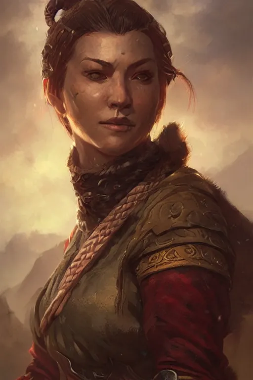 Image similar to the elder scrolls vi, charismatic rugged female nord warrior portrait, illustration, highly saturated colors, rim light, top light, perfectly shaded, soft painting, art by krenz cushart and wenjun lin