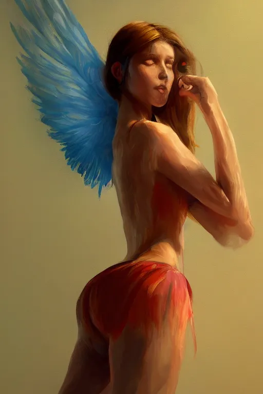 Prompt: oil painting, a girl with a pair of colored wings behind her, sunlit, paint texture, digital painting, highly detailed, artstation, sharp focus, illustration, concept art