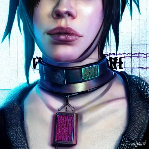 Image similar to detailed realistic female character cyberpunk wearing thick steel collar around neck, realistic, art, beautiful, 4K, collar, choker, collar around neck, punk, artstation, detailed, female, woman, choker, cyberpunk, neon, punk, collar, choker, collar around neck, thick collar, choker around neck, wearing choker, wearing collar, eyes, thick collar,