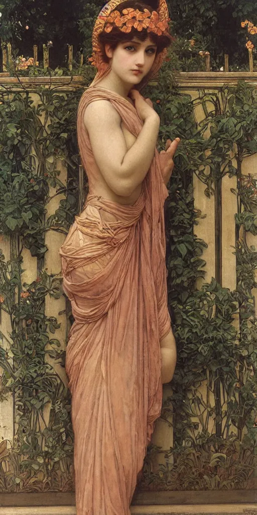 Image similar to at the gate of the temple by john william godward painted by alphonse mucha