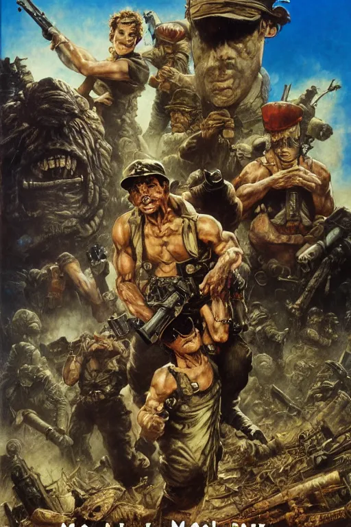 Image similar to Movie poster of Metal Slug , Highly Detailed, Dramatic, A master piece of storytelling, by frank frazetta, ilya repin, 8k, hd, high resolution print