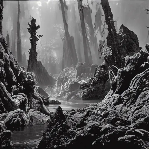 Image similar to Kashyyyk photographed by Ansel Adams, landscape