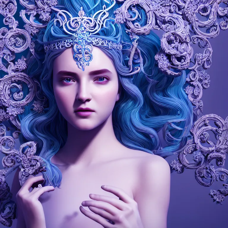 Prompt: wonderful princess of vines with a clear skin, ornate 8 k gorgeous intricate white detailed, accent blue lighting, dramatic light, octane render