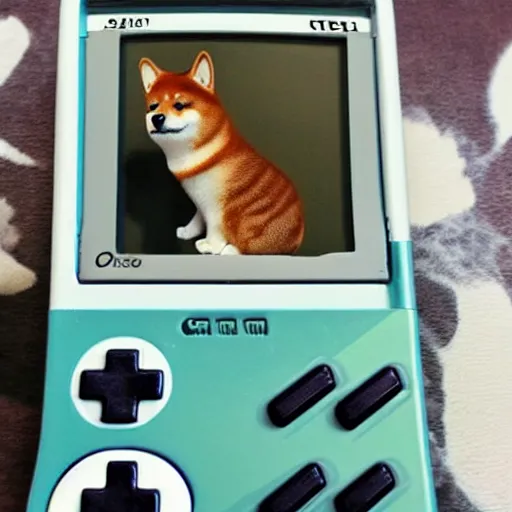 Image similar to a cat shiba inu playing a gameboy