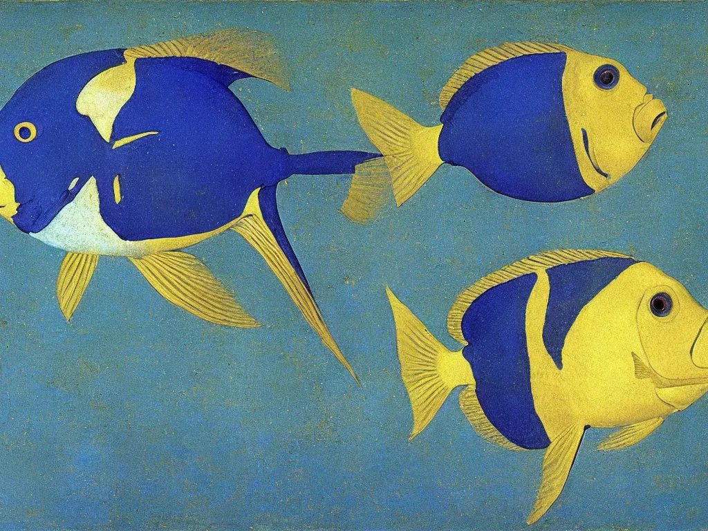 Prompt: close up exotic blue - faced angelfish fish at night with delicate woman hands. lapis lazuli, malachite, cinnabar, gold. painting by piero della francesca, balthus, agnes pelton