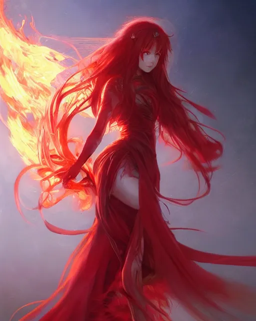 Image similar to red eyed beautiful long haired anime girl, fire dress, full body photo, flames everywhere, highly detailed, digital painting, artstation, concept art, smooth, sharp focus, illustration, art by artgerm and greg rutkowski and alphonse mucha