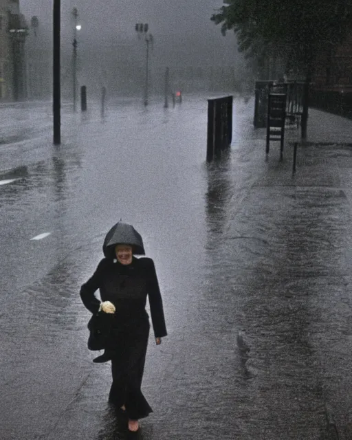 Prompt: margaret thatcher in torrential rainstorm on london street, full body, atmospheric moody hyper realistic award winning color cinematic still 8 k