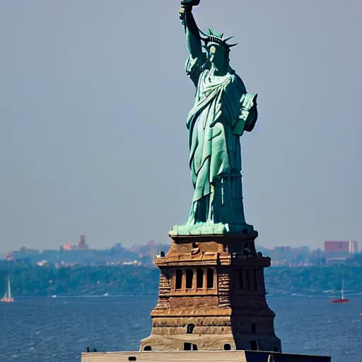 Prompt: waldo as the statue of liberty, liberty island