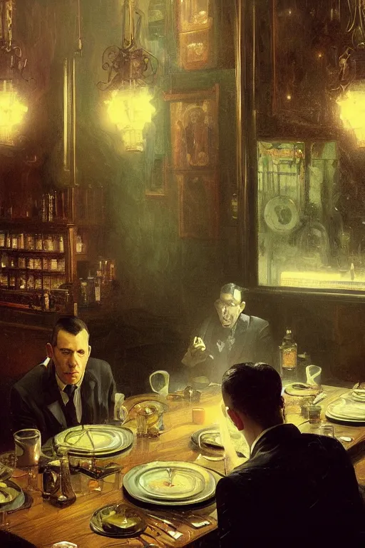 Image similar to , h p lovecraft eating soup at the victorian dining room hyperrealistic portrait, bladerunner street, art of elysium by jeremy mann and alphonse mucha and greg rutkowski, fantasy art, photo realistic, dynamic lighting, artstation, poster, volumetric lighting, very detailed face, 4 k, award winning