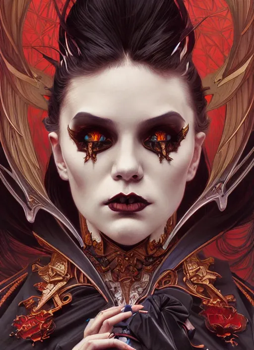 Prompt: hyper detailed ultra sharp painting of a elite vampire count. trending on artstation, warpaint aesthetic, darkwave, gothic, eerie, ornate, intricate, digital painting, concept art, smooth, sharp focus, illustration, art by artgerm and james jean, gilleard james and alphonse mucha, 8 k