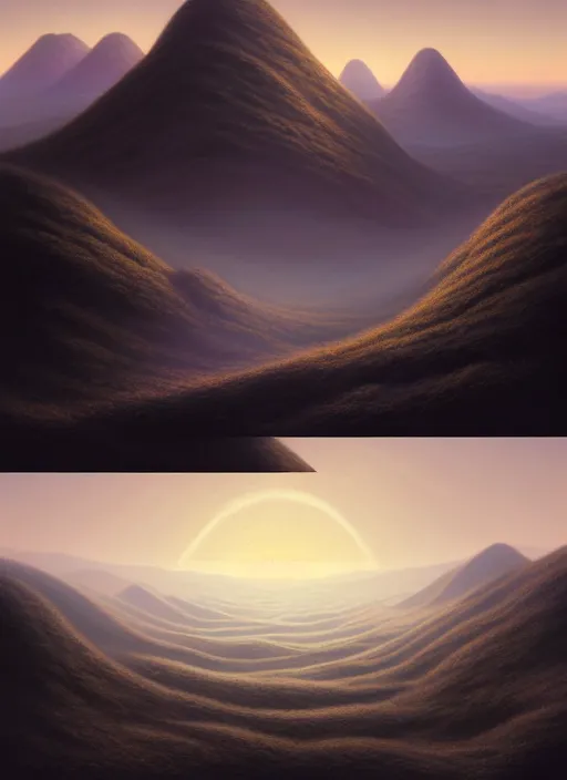 Image similar to just before sunrise in the low - polygon hills, the distant hills are polygons, depth of field, intricate, surrealism!!!!, highly detailed, lifelike, photorealistic, digital painting, artstation, surreal concept art, smooth, sharp focus, by greg rutkowski, chris tulloch mccabe, valentina remenar and asher duran,