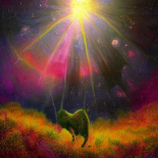Image similar to psychedelic lush pine forest, outer space, milky way, amber eyes cat eyes designed by arnold bocklin, jules bastien - lepage, tarsila do amaral, wayne barlowe and gustave baumann, cheval michael, trending on artstation, star, sharp focus, colorful refracted sparkles and lines, soft light, 8 k 4 k
