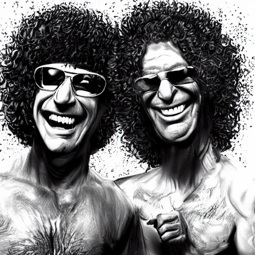 Prompt: Joe Rogan and Howard Stern laughing portrait, intricate, highly detailed, concept art, smooth, sharp focus, illustration, medium shot, mid-shot