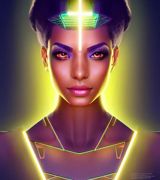 Image similar to symmetry!! egyptian princess of technology, solid cube of light, hard edges, product render retro - futuristic poster scifi, lasers and neon circuits, brown skin gorgeous egyptian princess, intricate, elegant, highly detailed, digital painting, artstation, concept art, smooth, sharp focus, illustration, dreamlike, art by artgerm