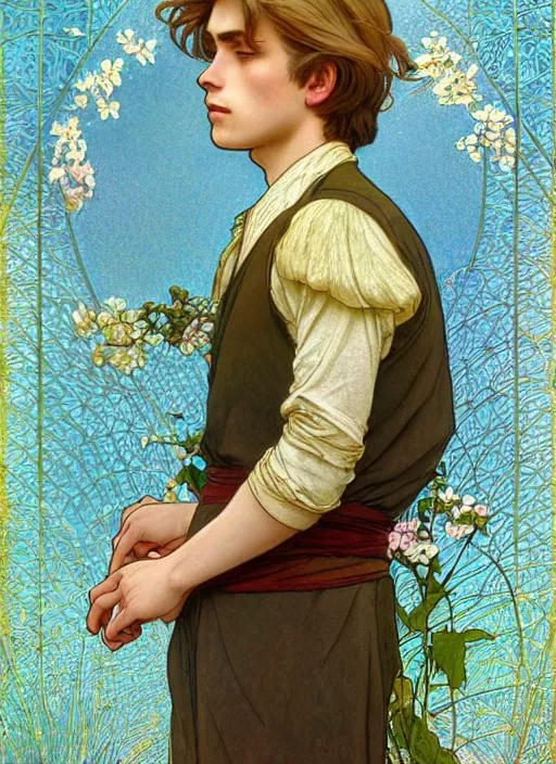 Prompt: pretty young man with shoulder length shiny shimmering golden blond hair, half body shot, decorative flower patterned background, path traced, highly detailed, high quality, digital painting, by studio ghibli and alphonse mucha, leesha hannigan, hidari, disney, jules bastien - lepage