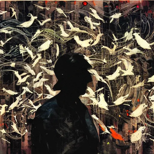 Image similar to a daydreaming hacker is surrounded by birds, neon virtual networks, and information visualization, oil on canvas by dave mckean and yoji shinkawa