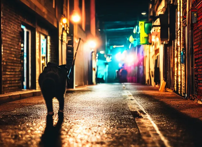 Image similar to photography of a Cat carrying a backpack . in a cyberpunk street. award winning photo, led lighting, night, 24mm, sharp, high res