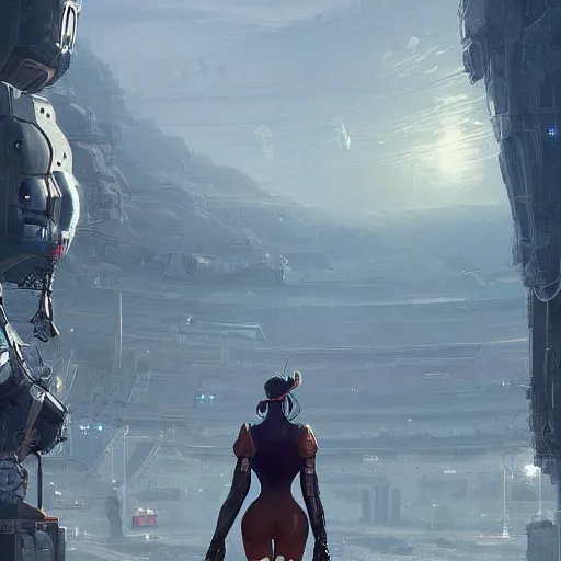 Prompt: a giant female robot in the distance, digital art, 8 k resolution, unreal engine, highly detailed, photorealistic by wlop, greg rutkowski