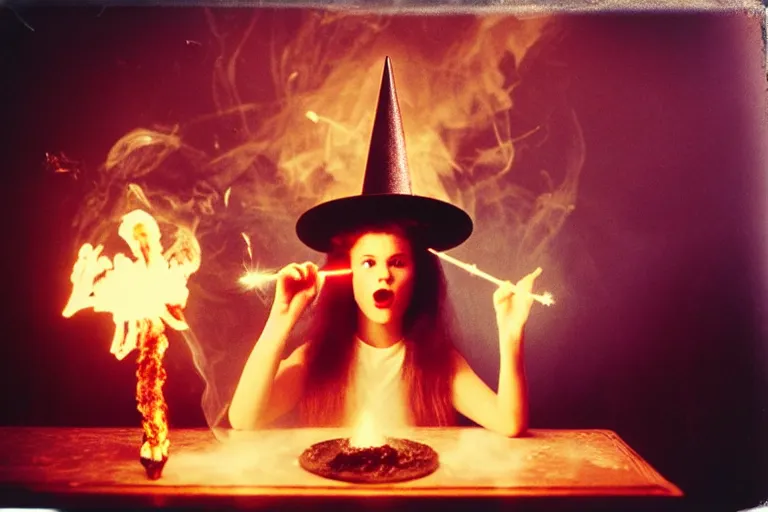 Prompt: extreme close up portrait, dramatic lighting, teen witch aggressively pointing a magic wand casting a spell over a table with pyrotechnics, cat on the table in front of her, sage smoke, magic wand, a witch hat cloak, apothecary shelves in the background 1 9 8 0's photo, polaroid, damaged film
