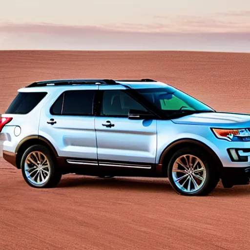 Prompt: 2018 Ford Explorer, car photography, desert, throwing sand