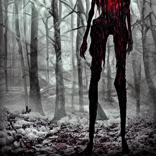 Image similar to horrifying digital art of a blood soaked skinwalker, lanky, skinny, pale skin, snow, forest, dark, horrifying