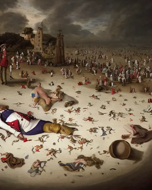 Prompt: the body of gulliver, a young man from the early 1 7 th century, lies unconscious on a lilliputian beach, surrounded by thousands of tiny lilliputians wearing strange clothes. gulliver is dressed in early 1 7 th century male clothing designed in the style of sandy powell. hyperreal and cinematic, trending on artstation, gulliver ’ s travels