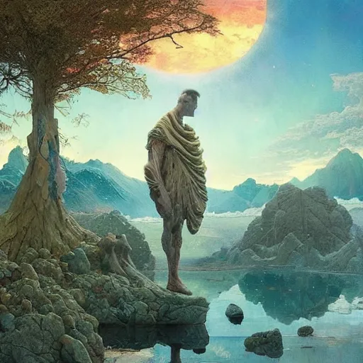 Image similar to Esao Andrews, scifi landscape, hyperrealistic surrealism, award winning masterpiece with incredible details, epic stunning, infinity pool, a surreal vaporwave liminal space, highly detailed, trending on ArtStation, artgerm and greg rutkowski and alphonse mucha, daily deviation, IAMAG, broken giant marble head statue ruins, golden hour