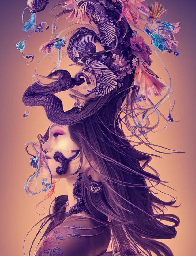 Image similar to 3 d goddess half - turn portrait with long hair with ram skull. beautiful intricately detailed japanese crow kitsune mask and clasical japanese kimono. betta fish, jellyfish phoenix, bio luminescent, plasma, ice, water, wind, creature, artwork by tooth wu and wlop and beeple and greg rutkowski