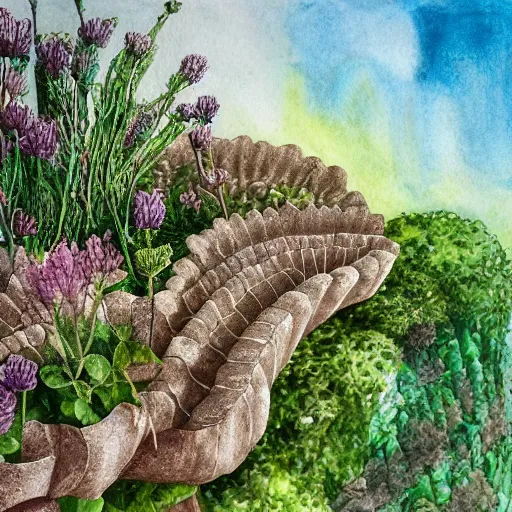 Image similar to delicate stone walls coastline garden on paper, spirals, stony, floating, puffy, vines, botanical herbarium, botanic watercolors, iridescent, 8 k wide angle, realistic shaded, fine details, artstation, italian, rainbow, colonnade, oak, pinecone, pomegranade, vines, gardena architecture, pompeian, sicilian