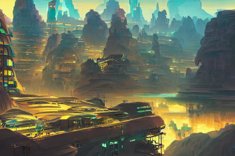 Prompt: a matte painting of a solarpunk city floating above a canyon by syd mead and peter mohrbacher and james gilleard