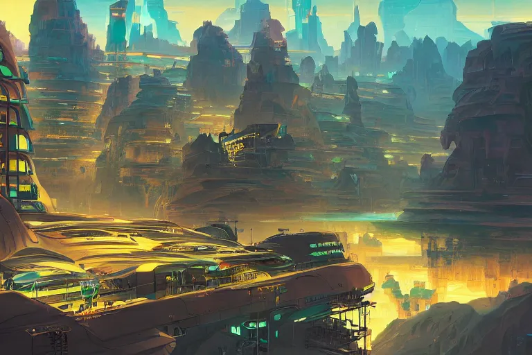 Image similar to a matte painting of a solarpunk city floating above a canyon by syd mead and peter mohrbacher and james gilleard