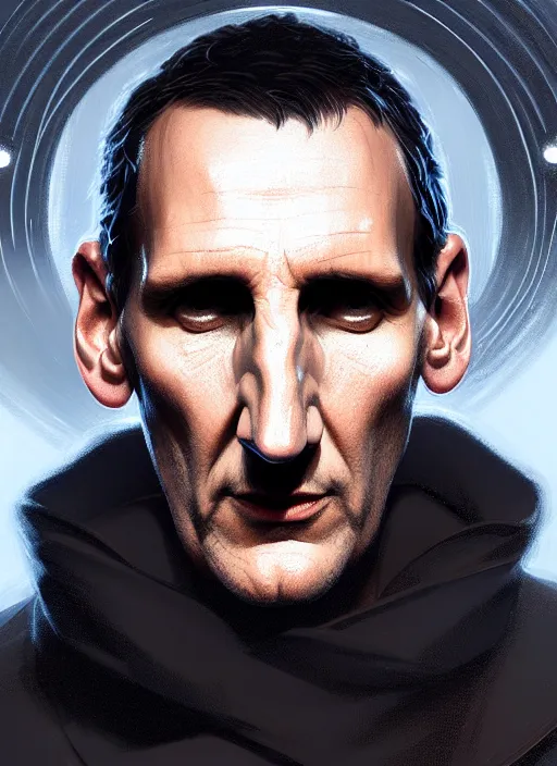 Image similar to stylized portrait of christopher eccleston, intricate, elegant, glowing lights, highly detailed, digital painting, artstation, concept art, smooth, sharp focus, illustration, art by wlop, mars ravelo and greg rutkowski