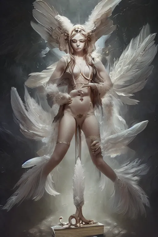 Image similar to beautiful ghost model wearing crystal white feathers, holding books, fantasy, dramatic lighting, highly detailed, digital painting, magic the gathering, hyper detailed, 3 d render, hyper realistic detailed portrait, peter mohrbacher, wlop, ruan jia