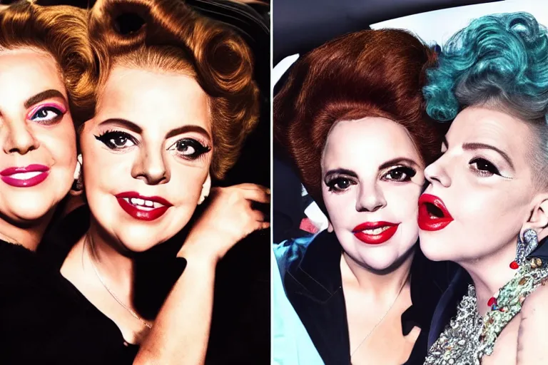 Prompt: lady gaga and judy garland doing carpool karaoke, lady gaga and judy garland, carpool karaoke, lady gaga, judy garland, carpool karaoke