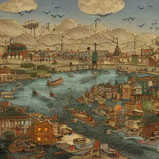 Image similar to city with with streets and aqueducts. various boats. by yeong - hao han