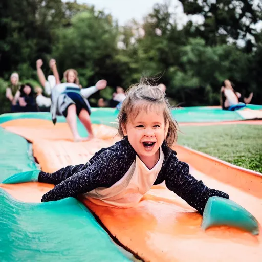 Image similar to adult sliding down chocolate pudding slip n slide legs first, professional photo taken at the park