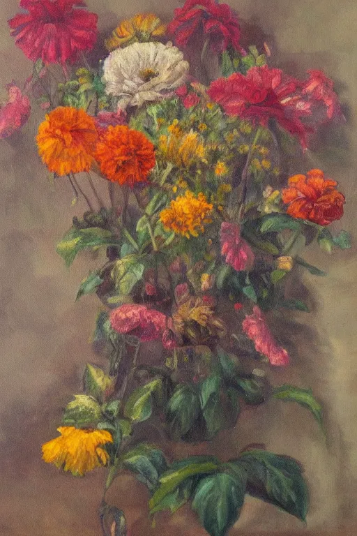 Image similar to oil painting of a neglected flower, multi chromatic, single area of attention, still life, soft outlines, elegant and refined painting, fully rendered light to shadow