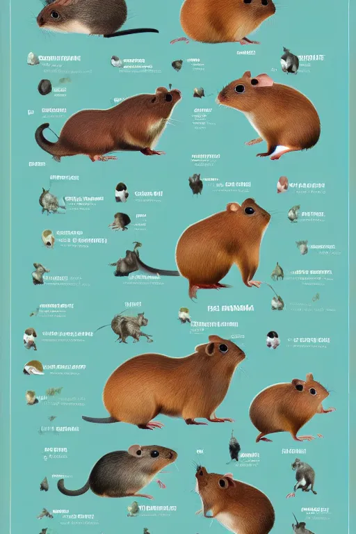 Image similar to breeds of rodents, infographic of new species of large rodent that come in new colors for pet owners, rodent morphs, rodent races, comparisons of different rodents, detailed scientific illustration