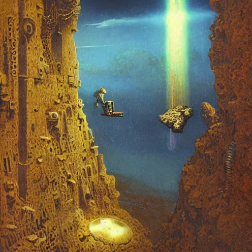 Prompt: steampunk jetpack with fossil ornaments in a landscape, beam of light beksinski