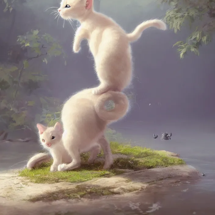 Image similar to a painting of a cute light beige kitten with dark brown ears and face and legs and tail and white paws at a river. character design by cory loftis, fenghua zhong, ryohei hase, ismail inceoglu and ruan jia. volumetric light, detailed, rendered in octane