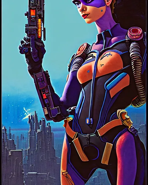 Image similar to widowmaker from overwatch, character portrait, portrait, close up, concept art, intricate details, highly detailed, vintage sci - fi poster, retro future, in the style of chris foss, rodger dean, moebius, michael whelan, and gustave dore