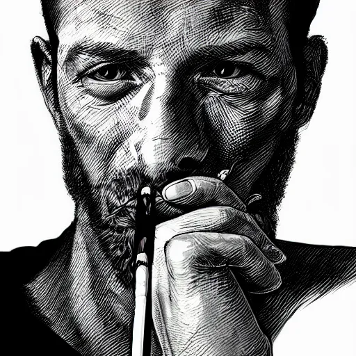 Prompt: hyperdetailed portrait of a man smoking a cigarette, by nicholas delort, artstation, smooth, graphic black and white. intricate, elegant, central composition, golden ratio